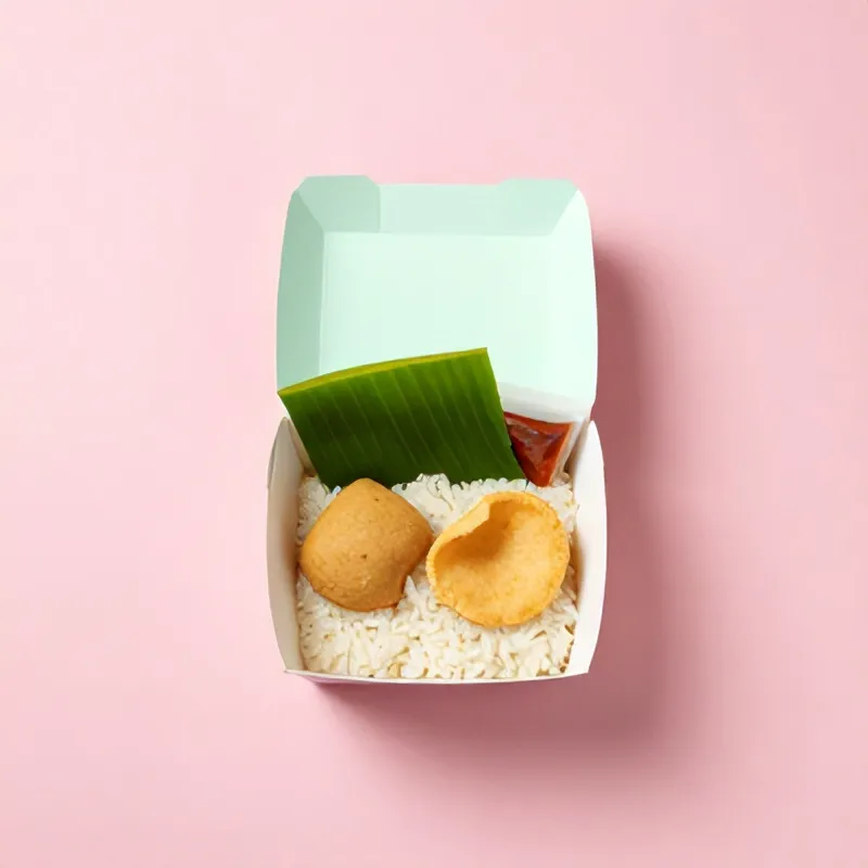 Nasi box terbuka berisi nasi, lauk, kerupuk dan sambal plastik
