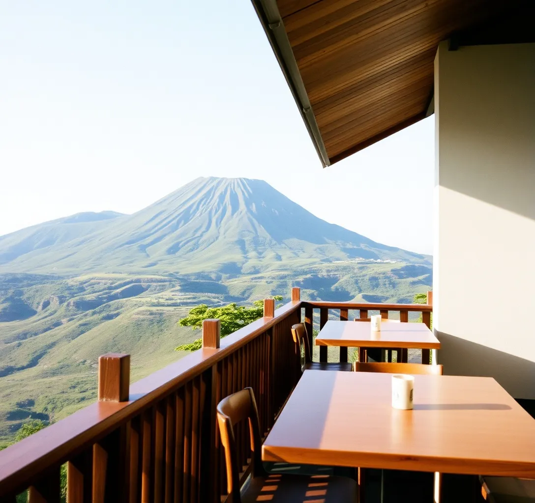 Teras kayu Kopi Lereng dengan lereng Merapi di belakangnya