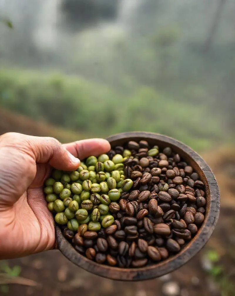 Biji kopi hijau dan sangrai di nampan kayu