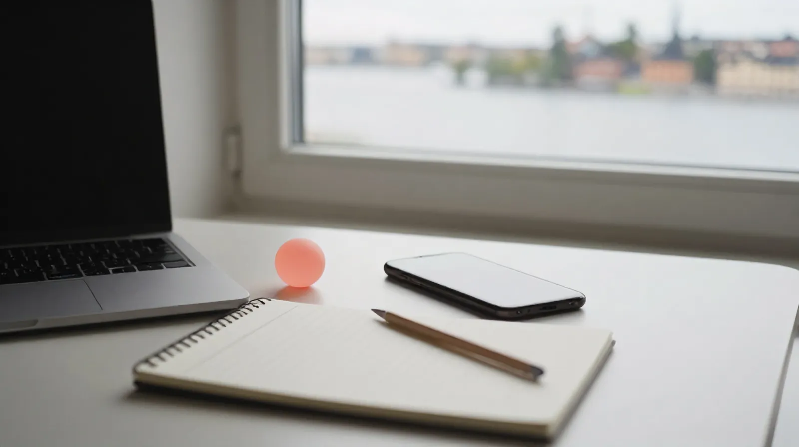 A designer's desk by a window in Stockholm