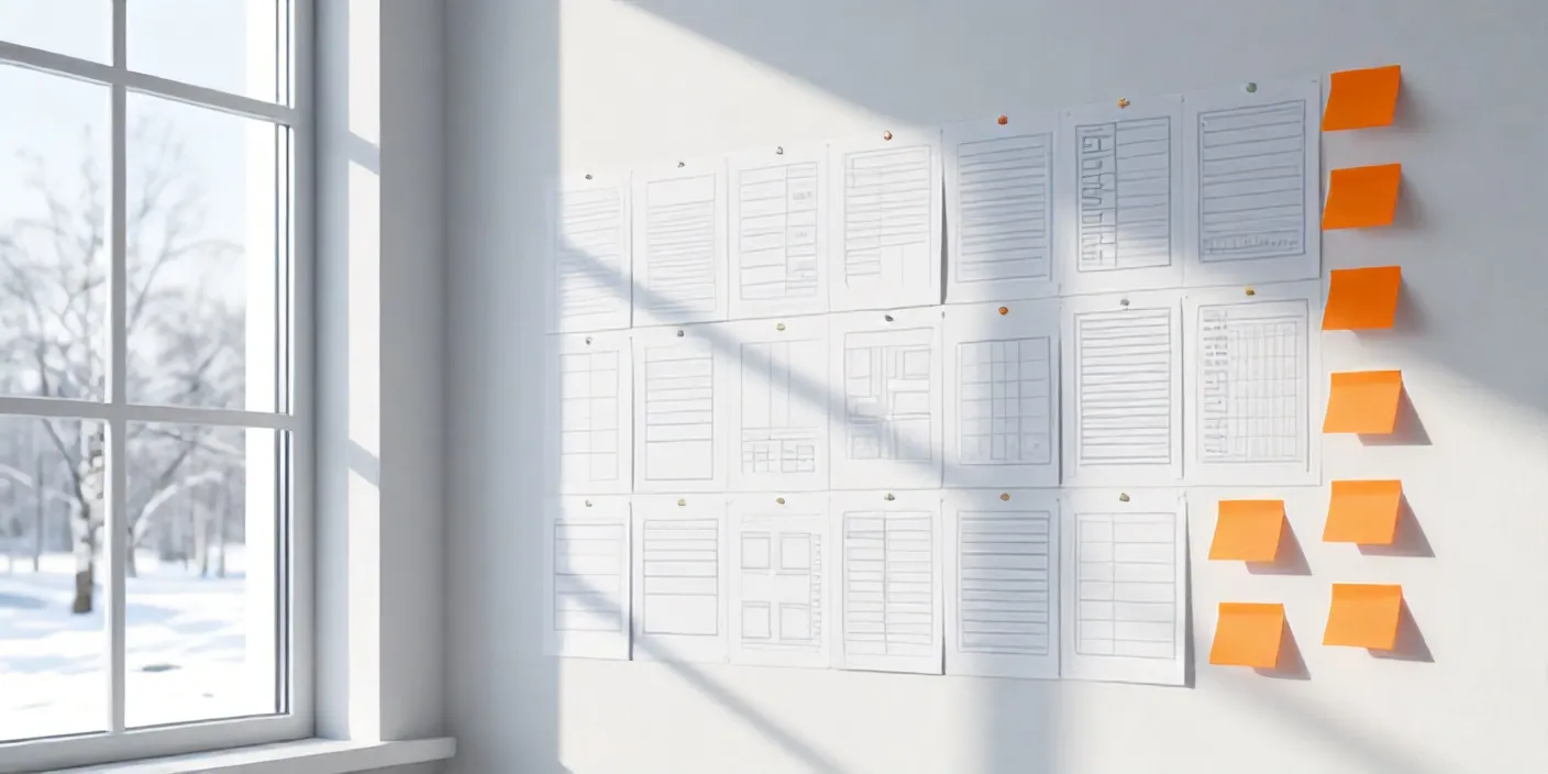 Sticky notes and paper wireframes on a white studio wall