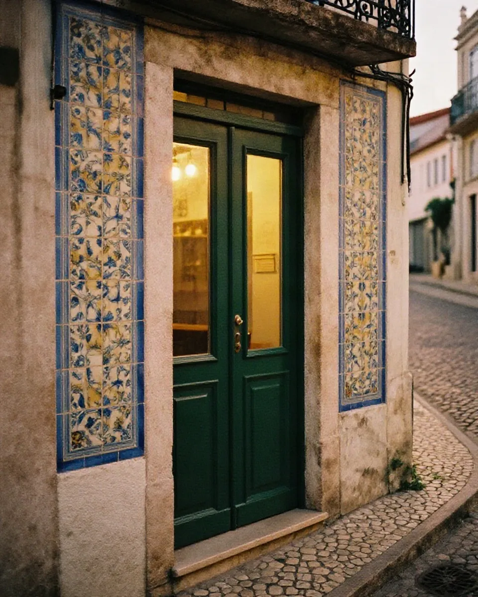 The green door at Rua dos Remédios 9 at dusk, lamp light spilling onto the cobbles