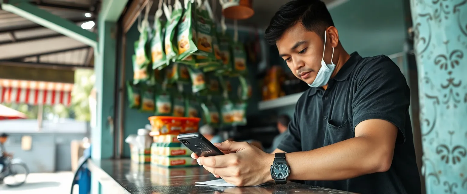 Pemilik warung mencatat penjualan di HP dekat kasir