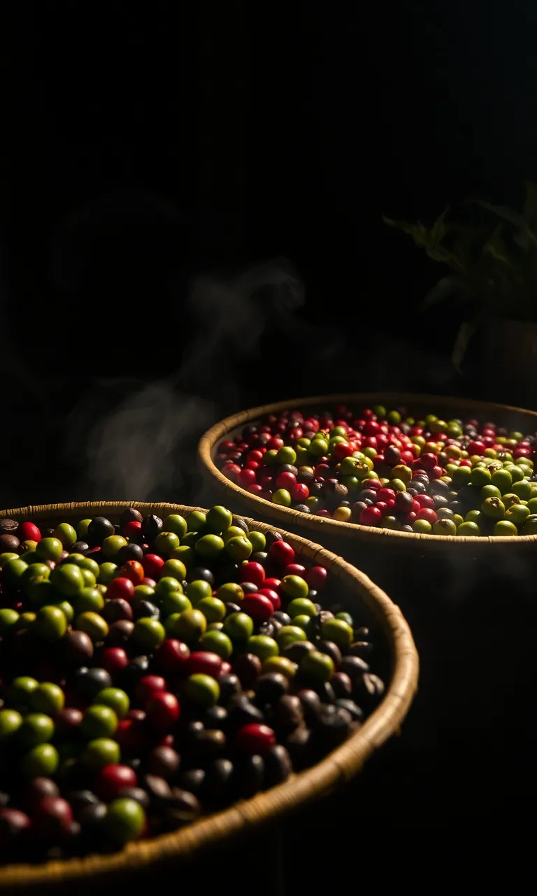 Biji kopi Turgo di atas tampah bambu