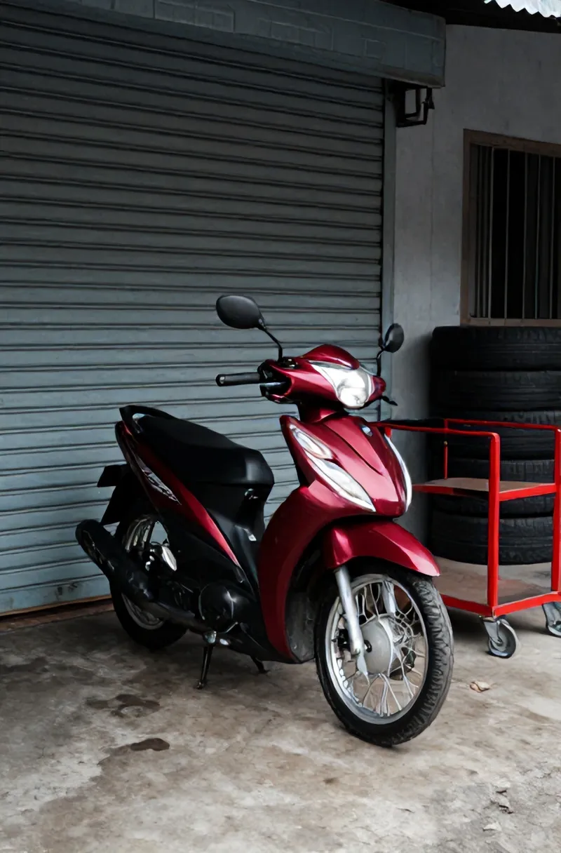 Motor matic terparkir di lantai bengkel Jaya Abadi, rolling door terbuka ke jalan