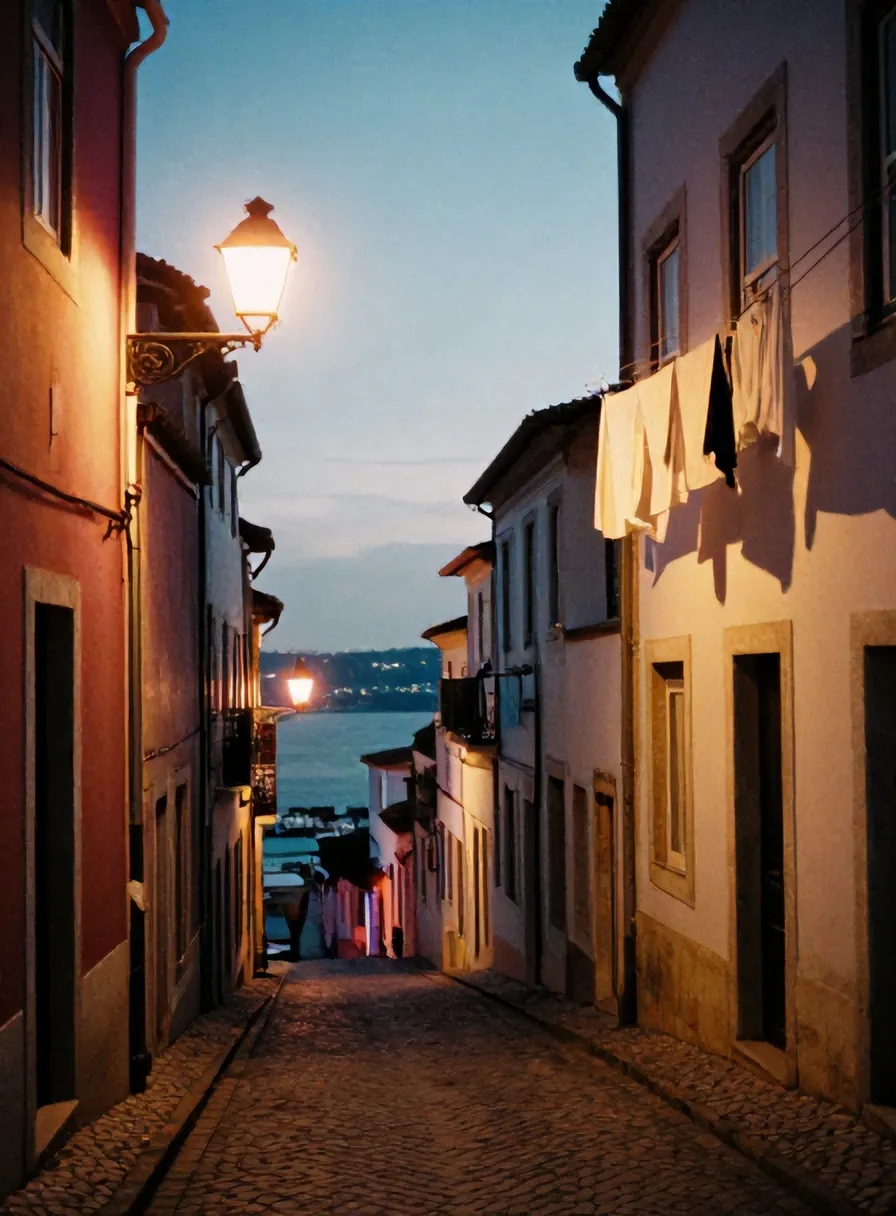 A steep cobbled Alfama lane at blue hour with the Tejo below
