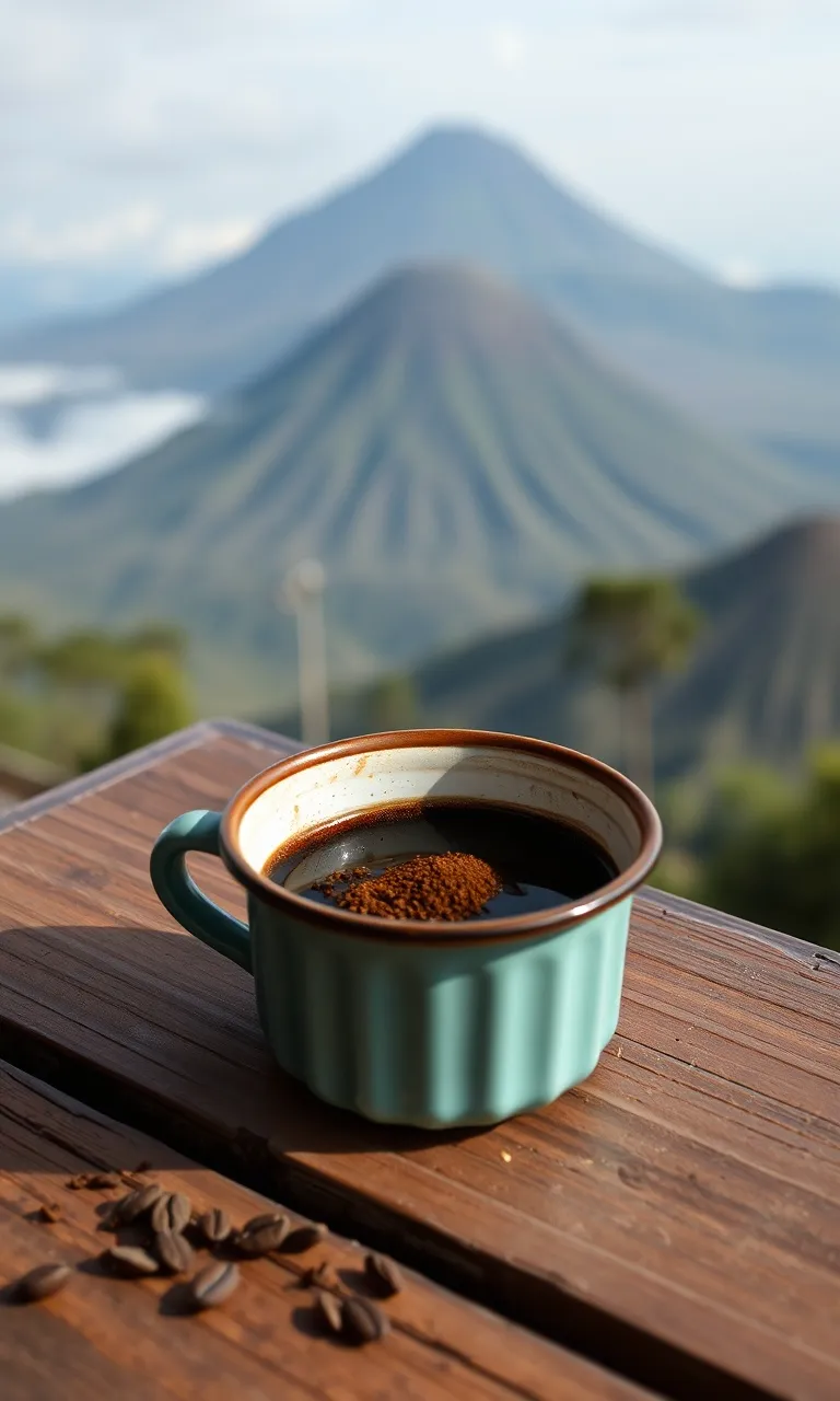 Secangkir kopi tubruk Merapi di meja teras, gunung samar di belakang