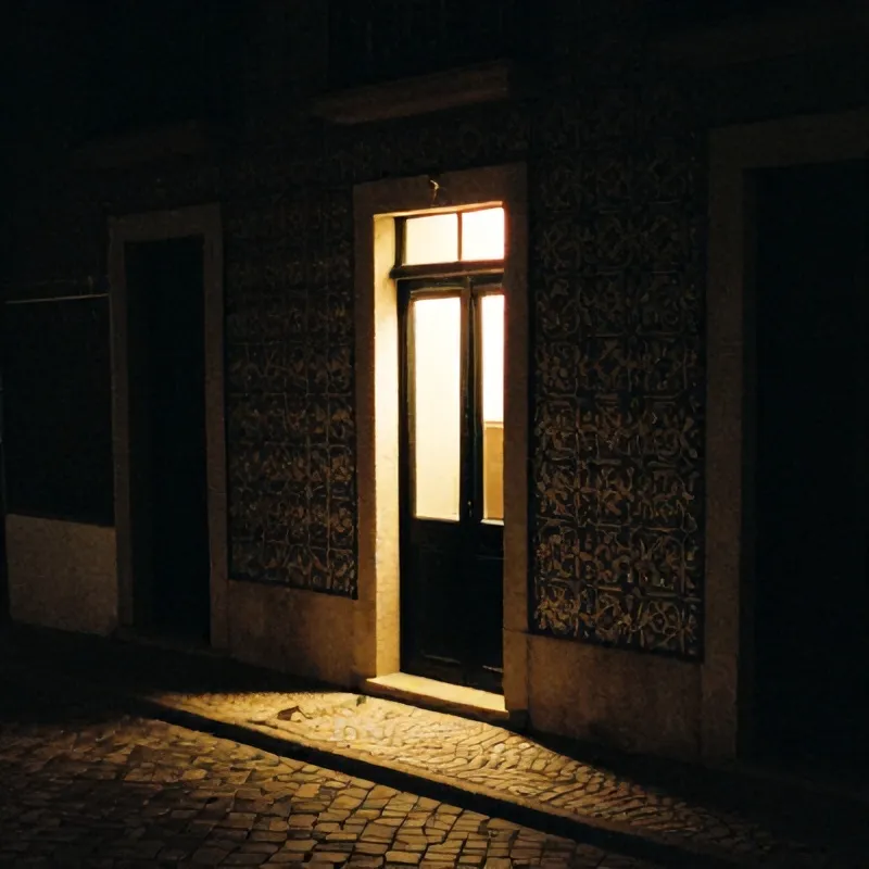 A single lit doorway on a cobbled lane in Alfama at night