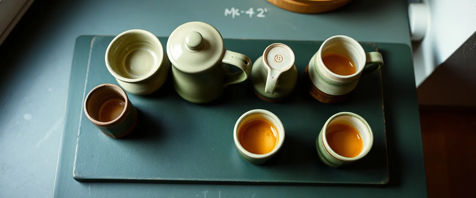 Dripper, carafe and two cups of the Kiln set laid out on a dark panel