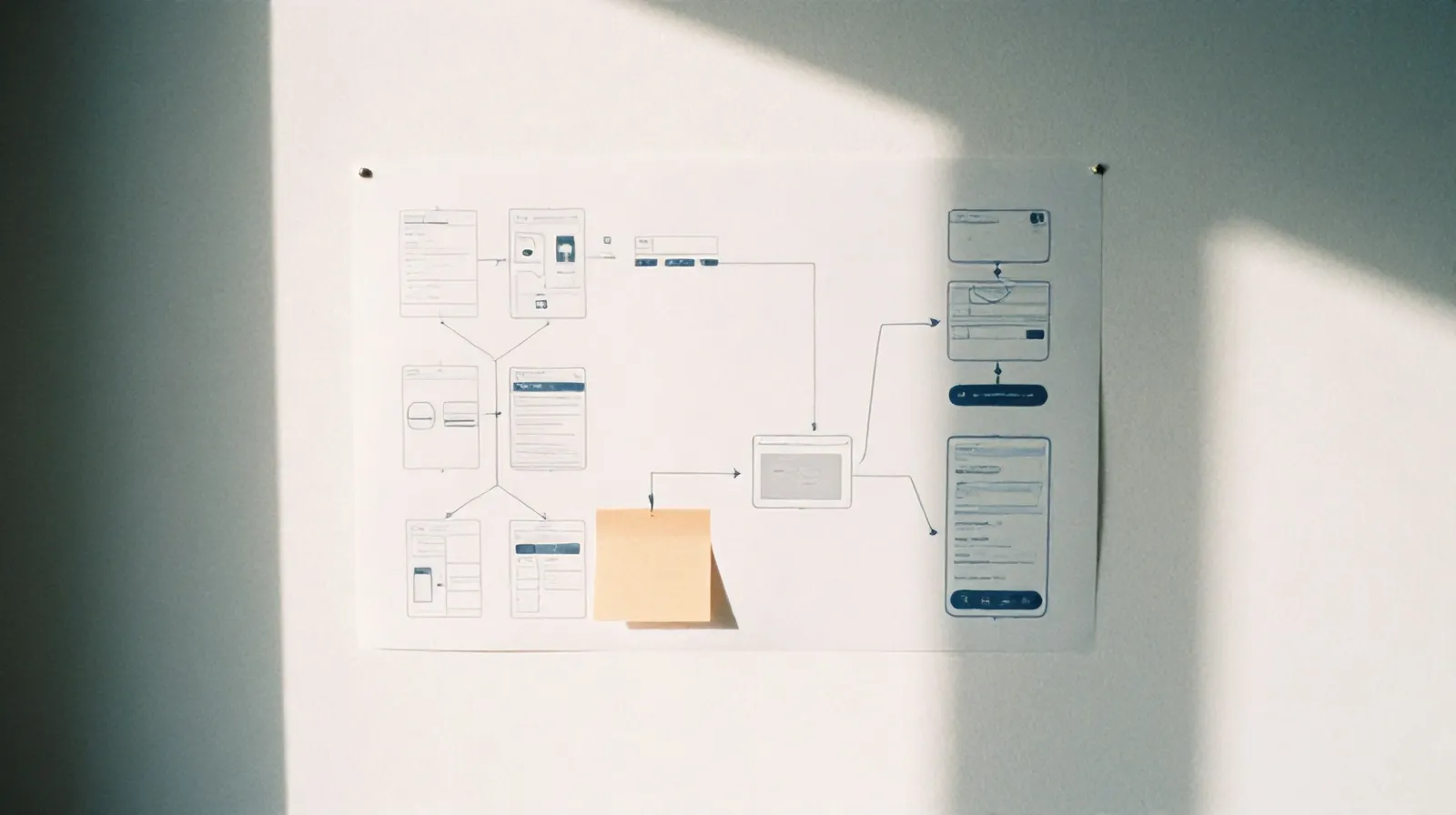 Printed user-flow sketches pinned to a white wall with pencil arrows and sticky notes