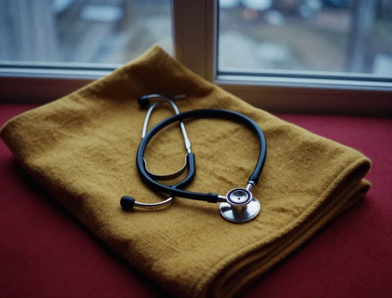 A stethoscope coiled on a mustard wool blanket
