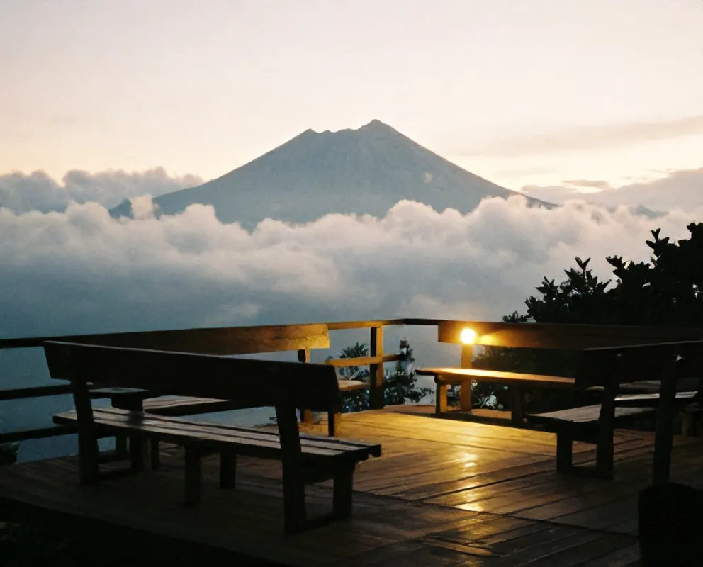 Teras kayu kedai menghadap Merapi di pagi hari