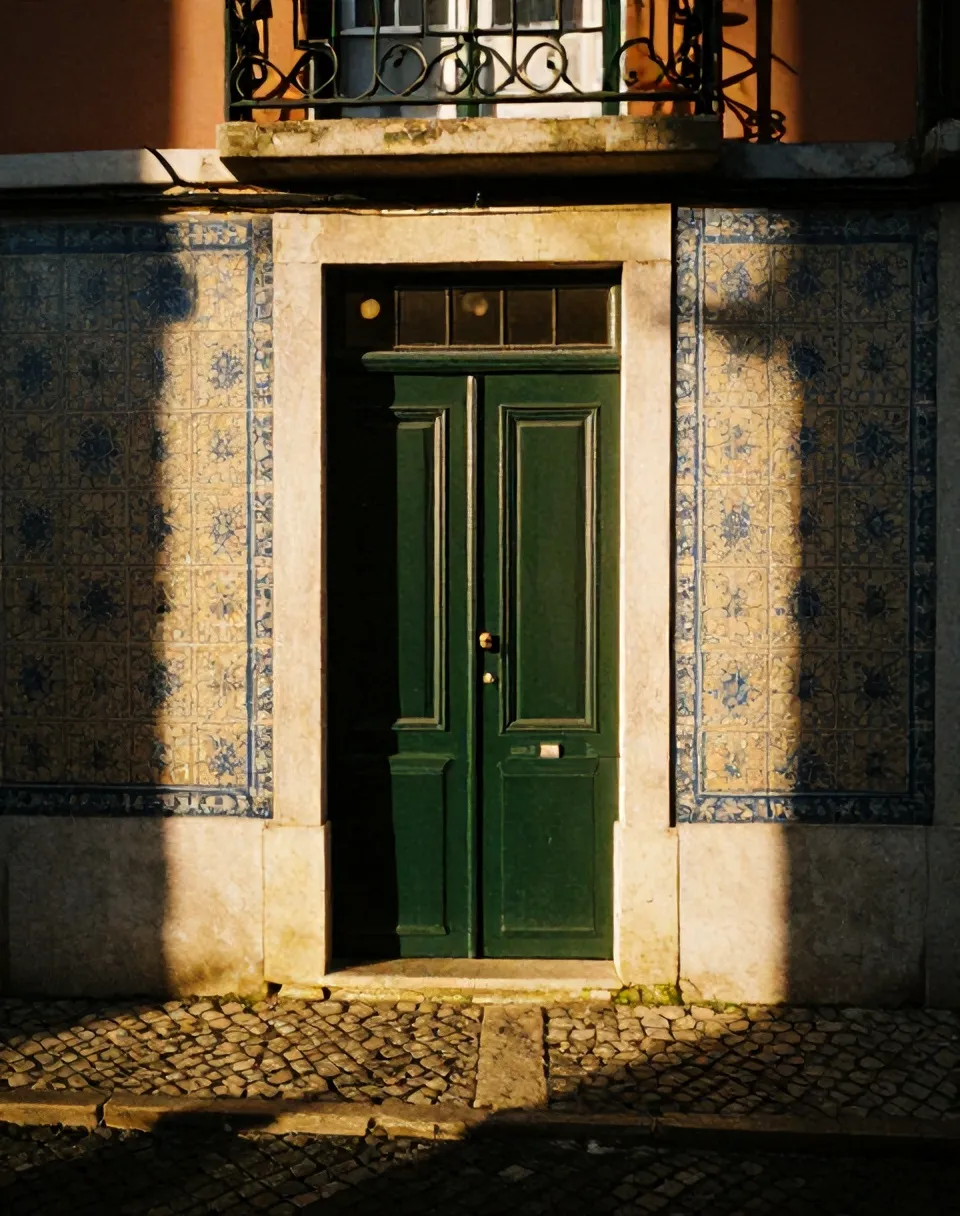 Door number nine in the last sun of the evening, long shadows across the lane