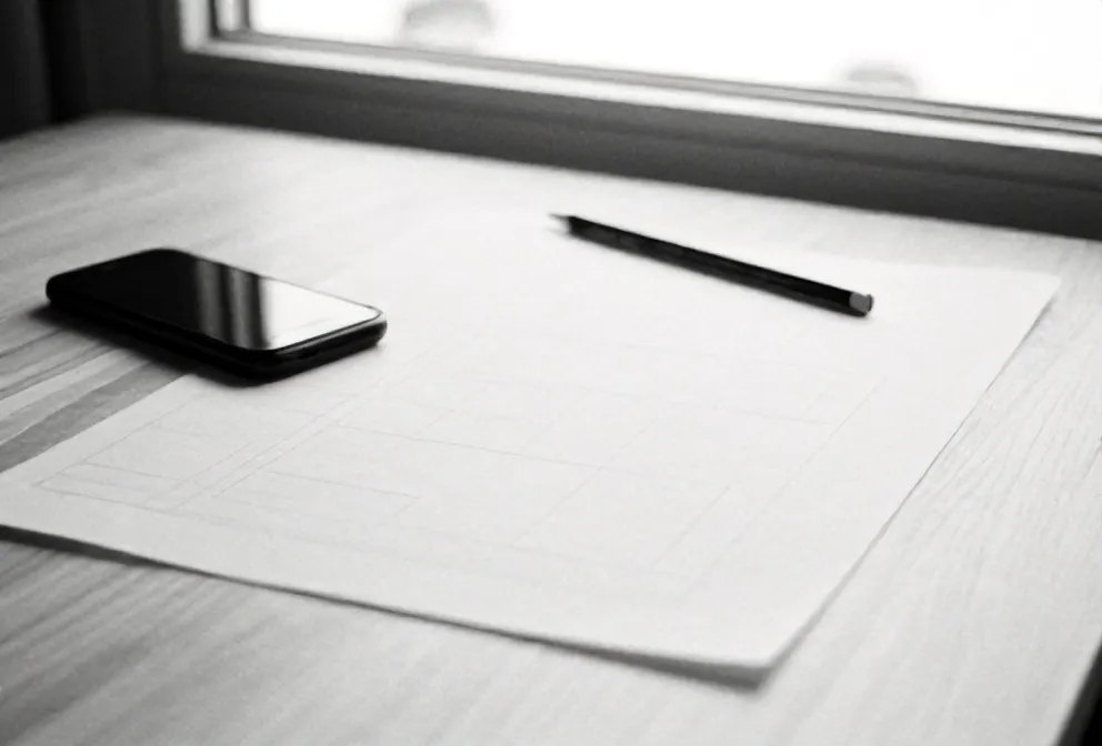 Wireframes and a phone on a pine desk