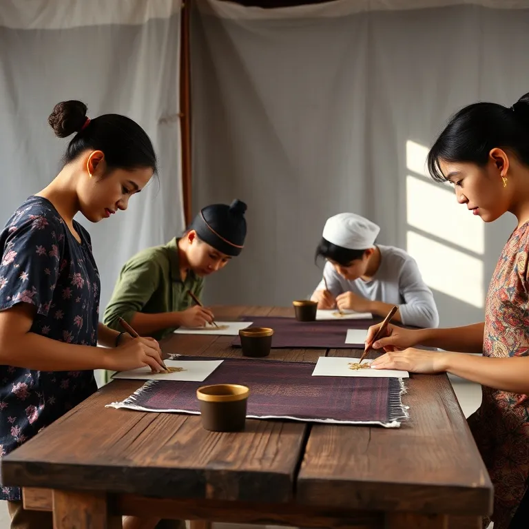 Peserta kelas belajar mencanting di meja kayu