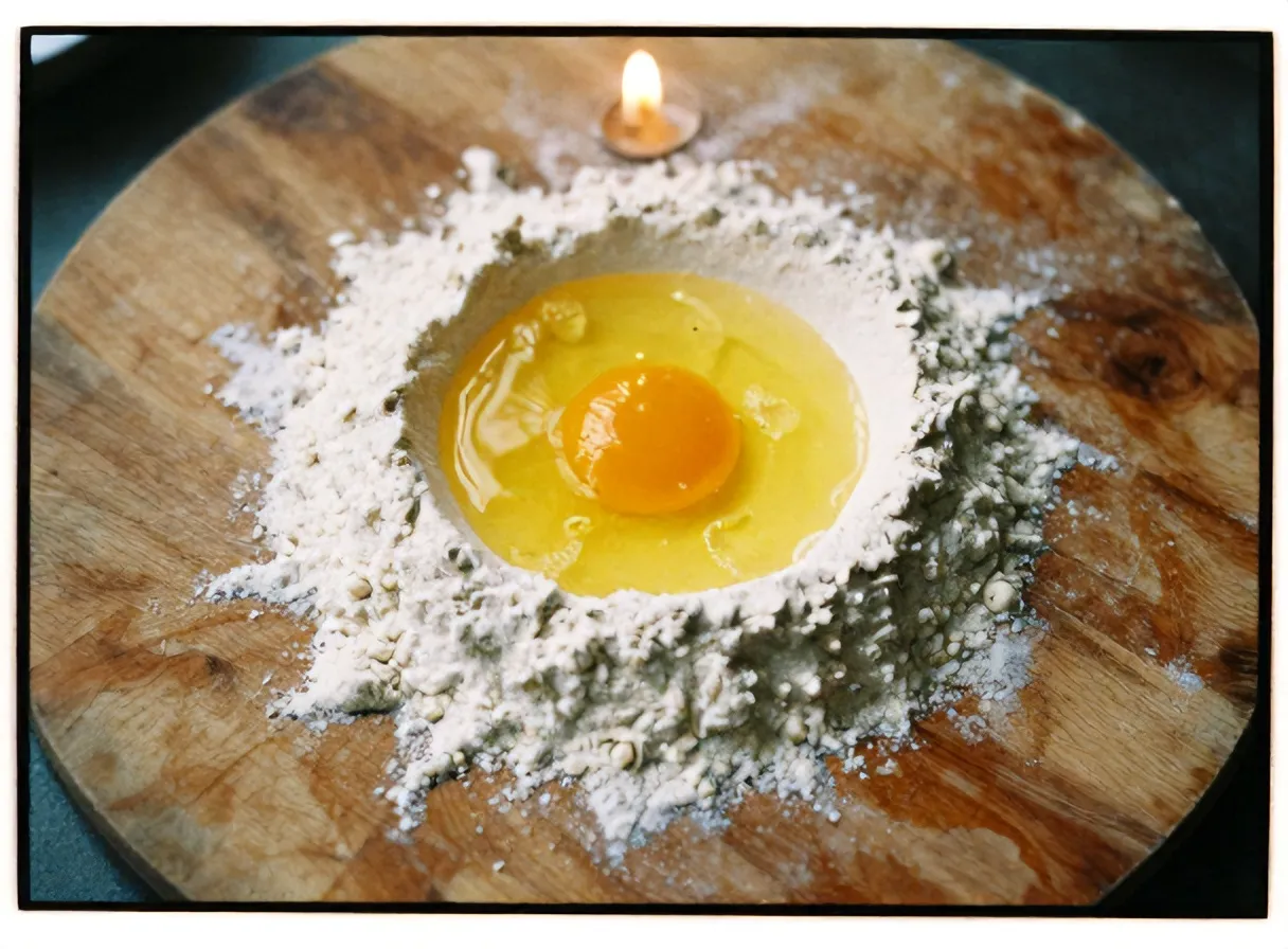 Egg yolks in a well of flour on a wooden pasta board