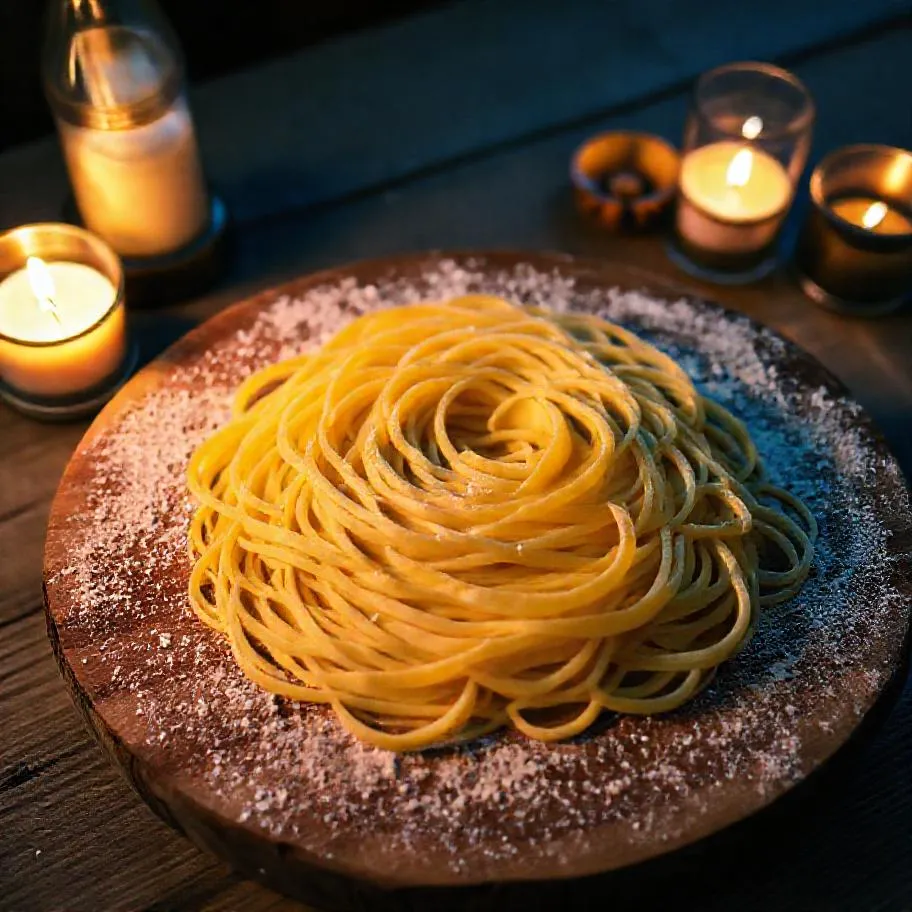 A nest of fresh egg tagliatelle on a floured wooden board
