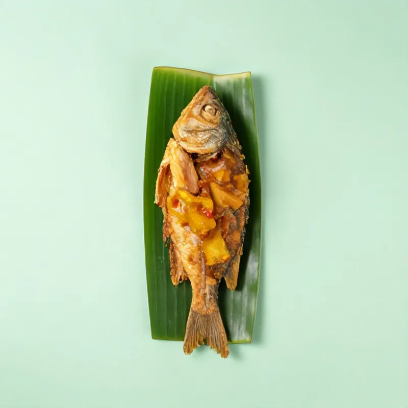 Bandeng presto goreng utuh di atas daun pisang dengan sambal