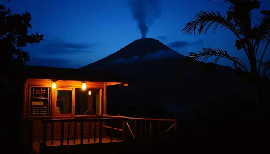 Teras bambu kedai menghadap Merapi saat senja