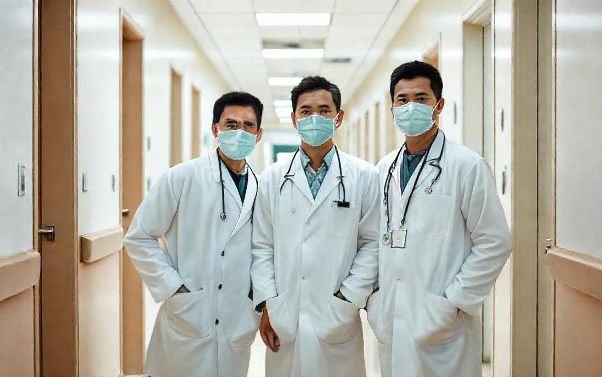 Tiga dokter gigi Senyum Seri di lorong klinik