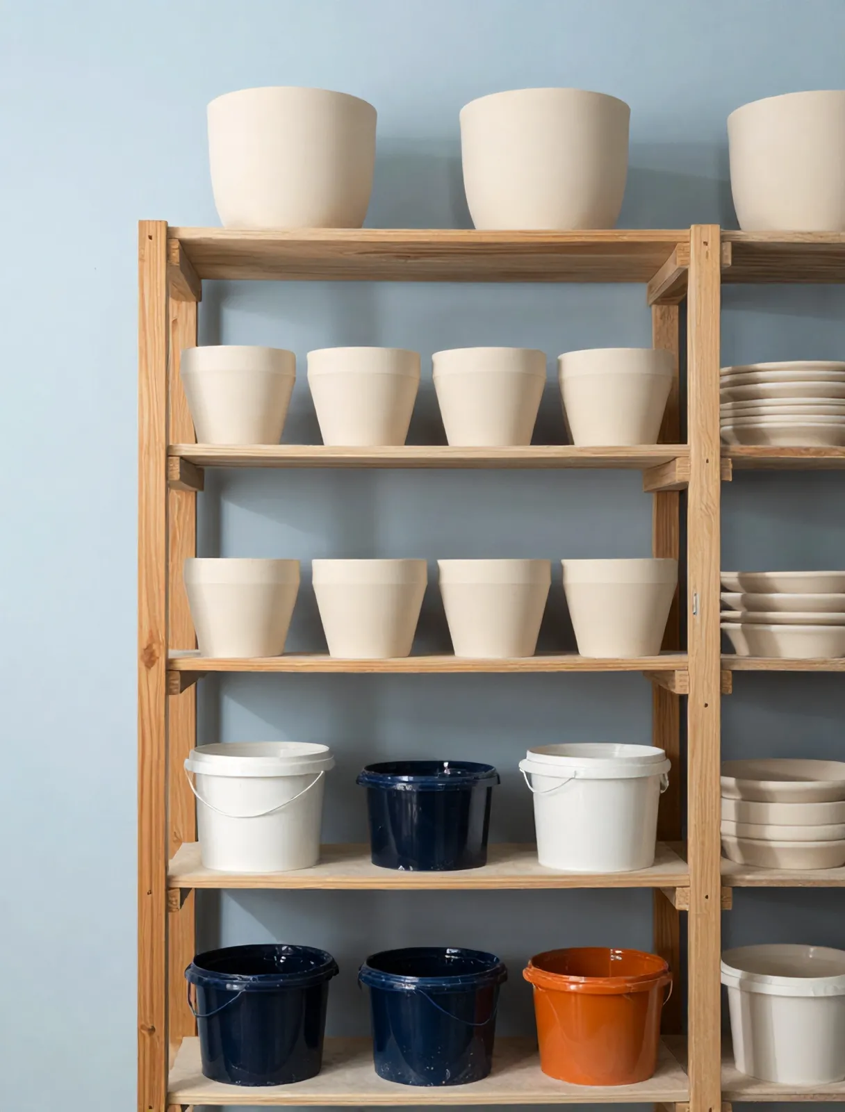 Shelves of bisque ware in the Porto studio