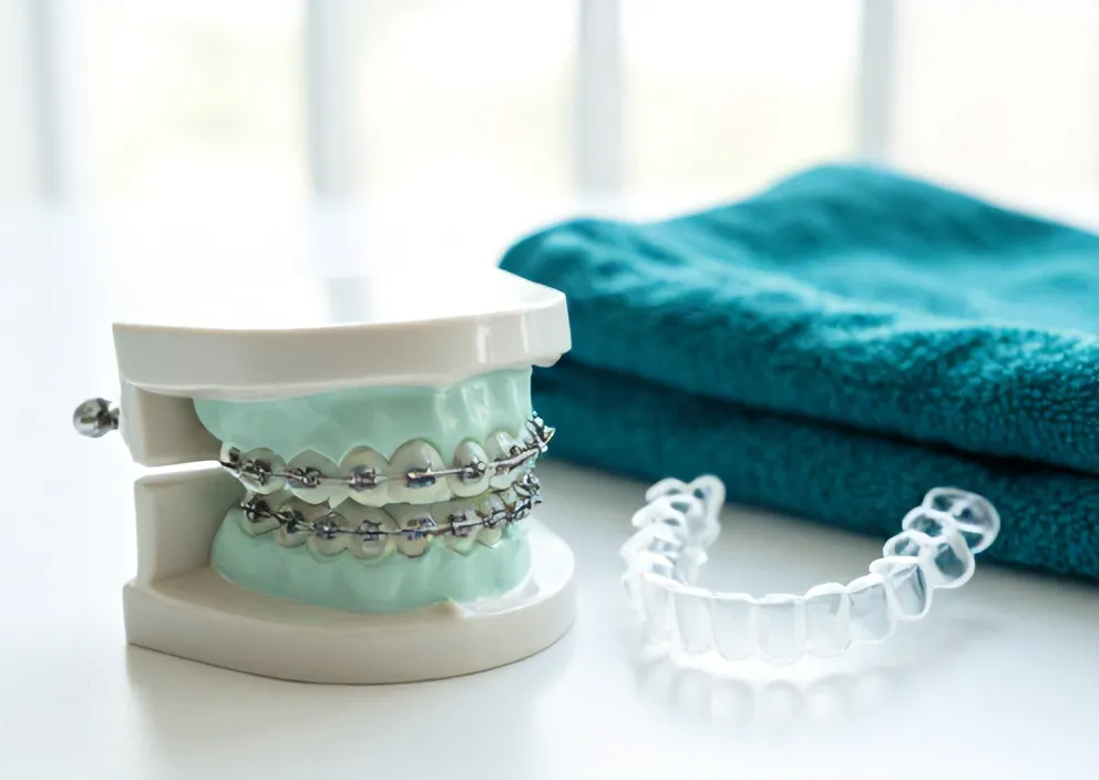 Model behel logam dan aligner bening di meja
