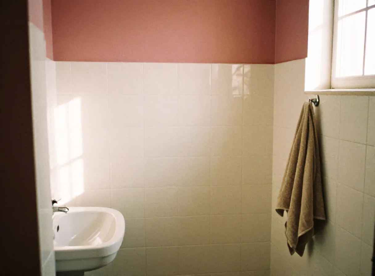 Kamar mandi dalam berkeramik dengan shower dan wastafel