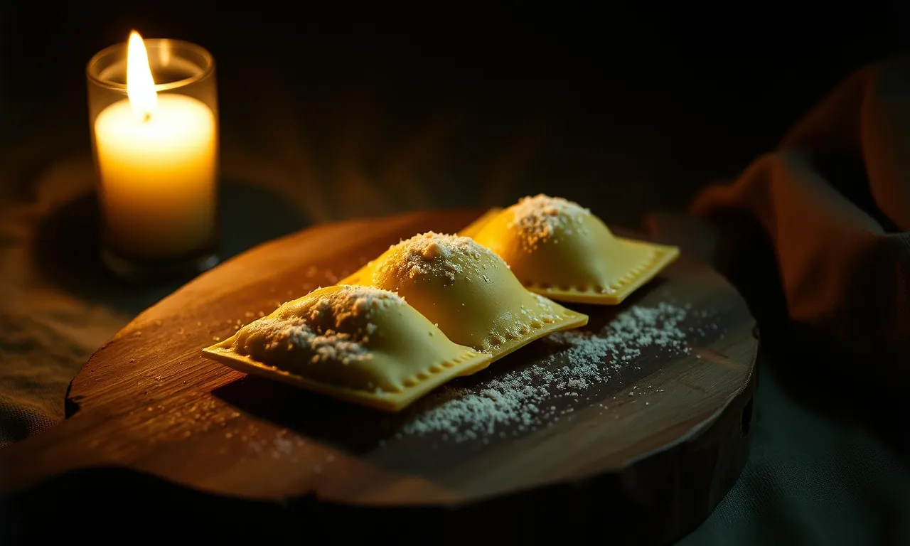 Pinched ravioli on a floured wooden board