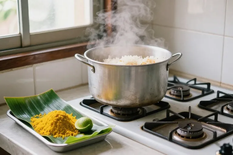 Panci aluminium besar mengepul di atas kompor gas dapur rumah Bu Sri