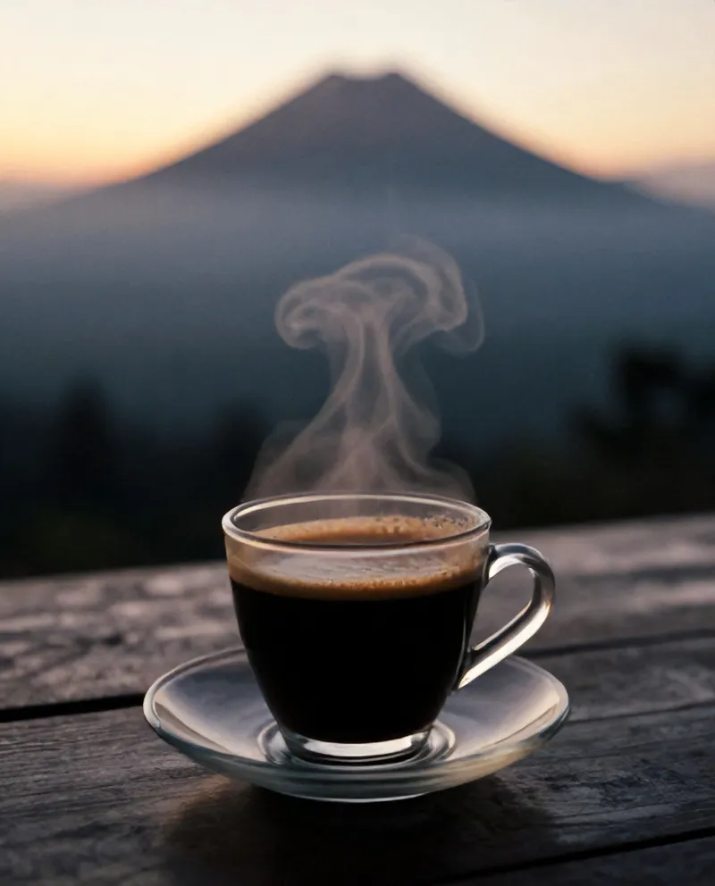 Segelas kecil kopi tubruk di atas tatakan, uap mengepul