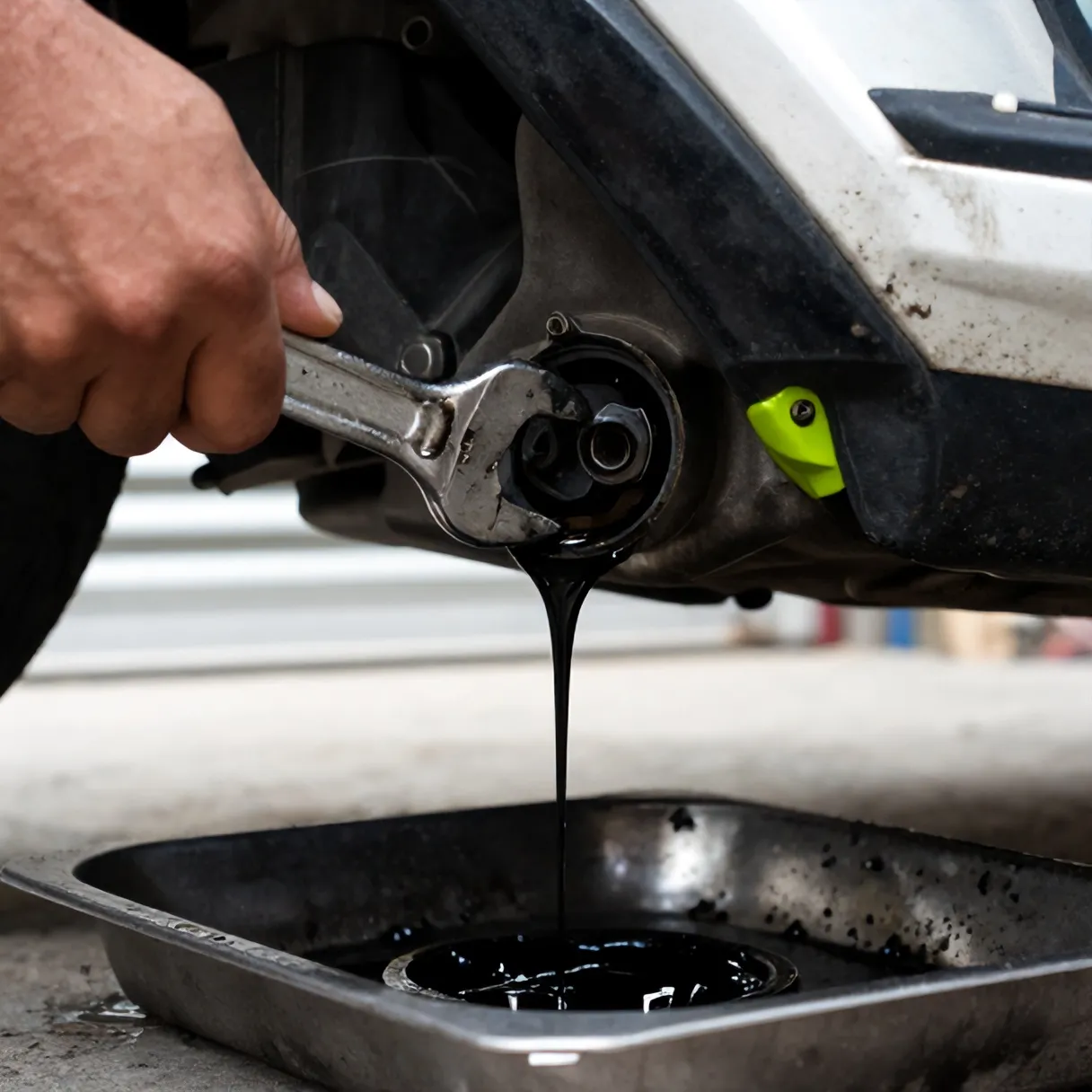Baut tap oli dibuka di bawah mesin motor matic, oli bekas hitam mengalir ke wadah