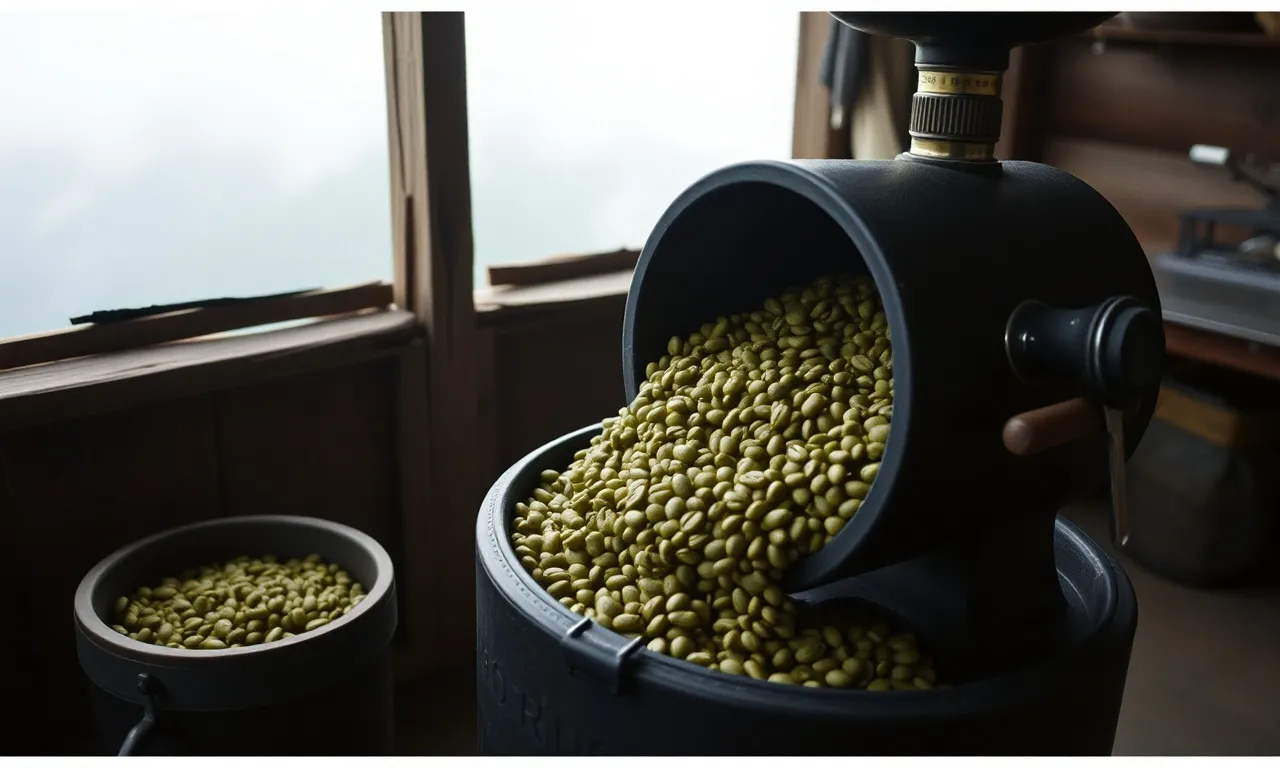Mesin sangrai kecil dengan biji kopi yang mulai cokelat
