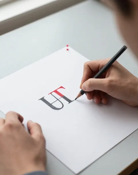 Hands sketching a logo on tracing paper with red correction marks
