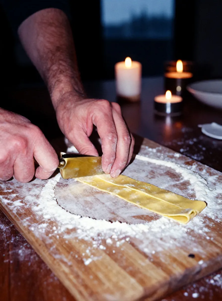 Floured hands cutting a sheet of egg dough into tagliatelle on a semolina-dusted board