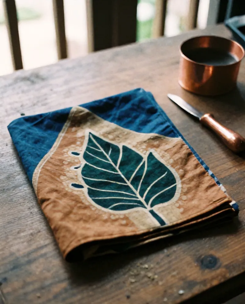 Kain batik tulis terlipat di meja kayu dengan canting tembaga