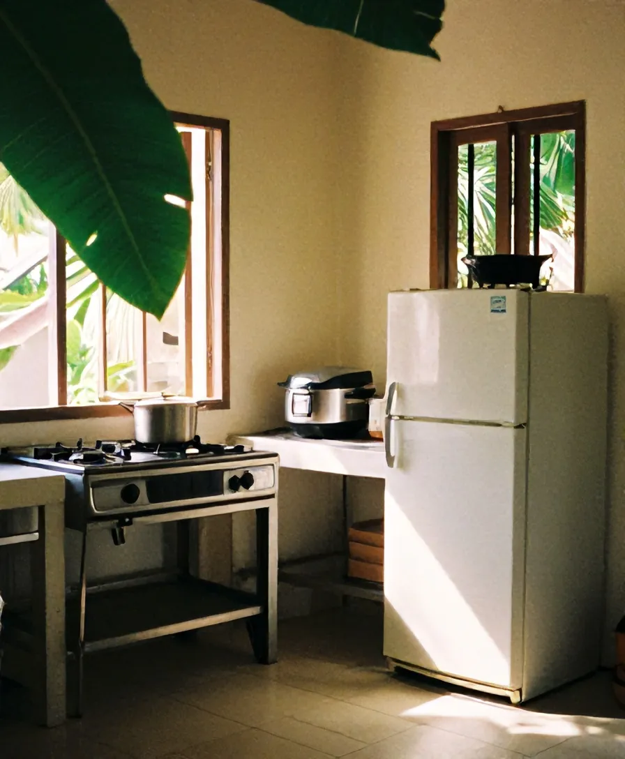 Dapur bersama dengan kompor dua tungku, rice cooker, dan kulkas