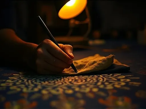 Tangan menggambar malam dengan canting di kain mori