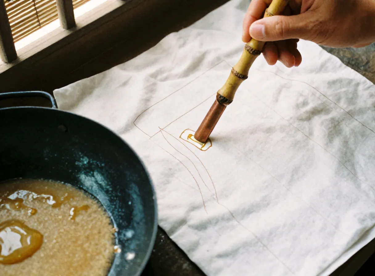 Canting tembaga bergagang bambu menggambar garis malam di kain katun
