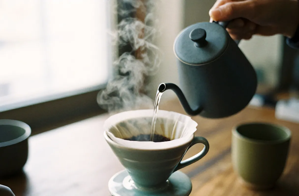 Hot water poured from a gooseneck kettle onto blooming coffee grounds in a stoneware dripper