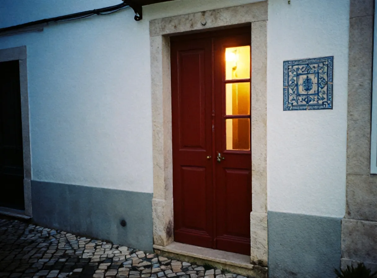 The narrow red door of Osteria Nove at Rua dos Remédios 9, warm light in the window at dusk