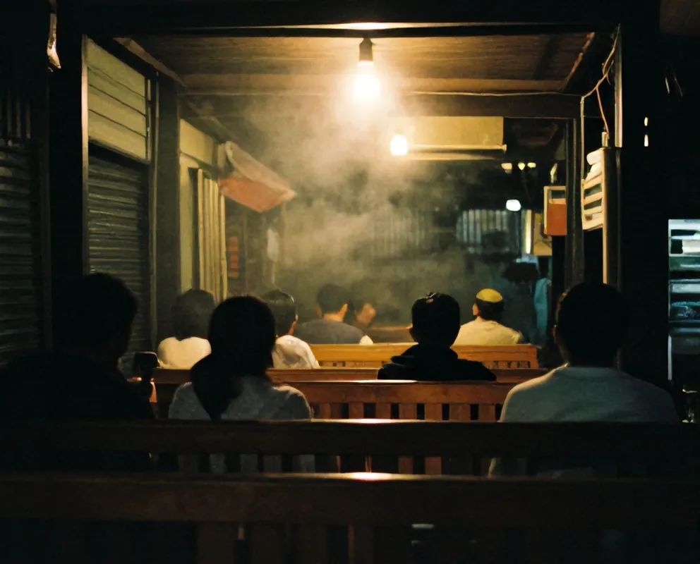 Bagian dalam kedai di malam hari dengan lampu hangat
