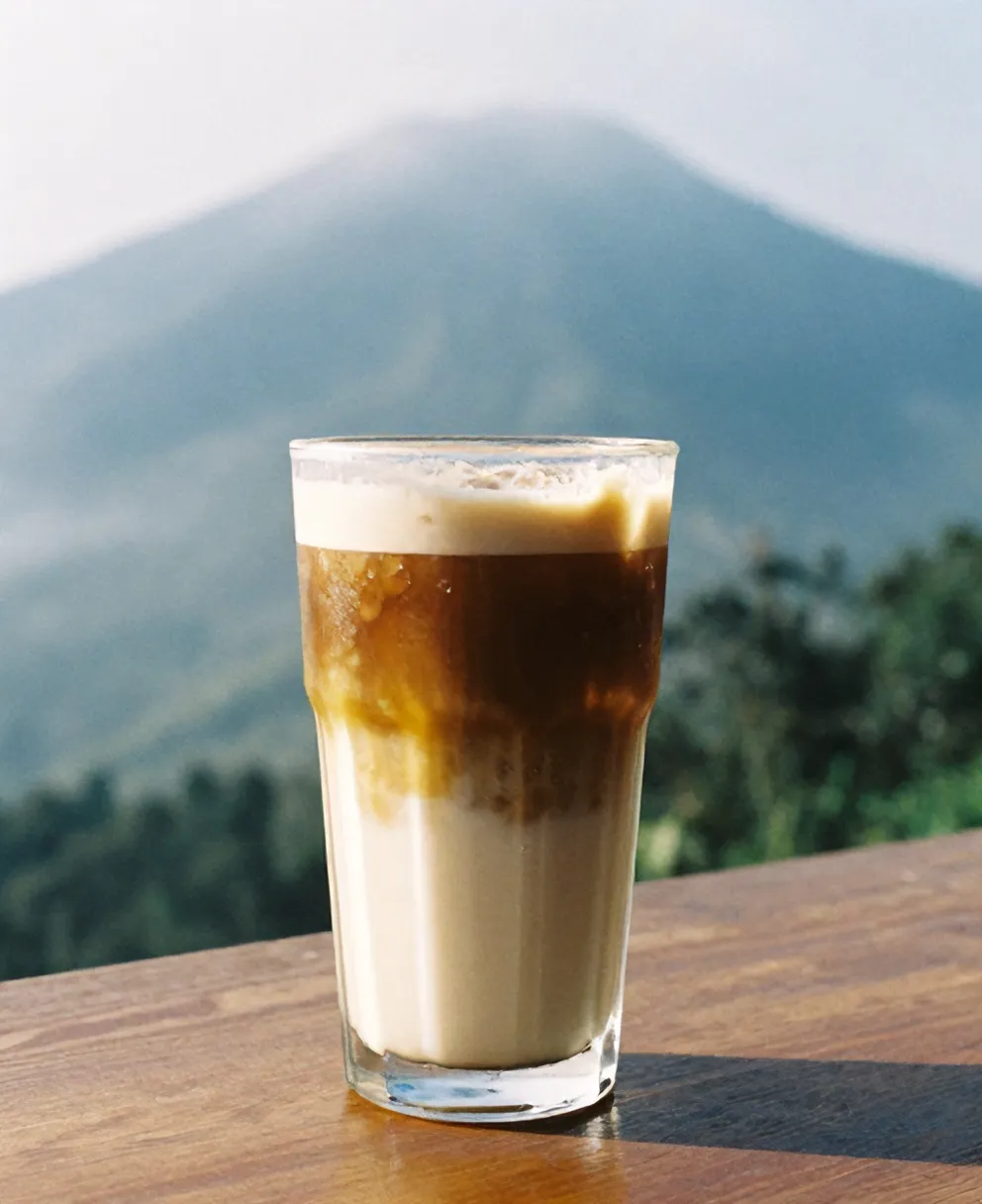 Es kopi susu gula aren di meja kayu teras