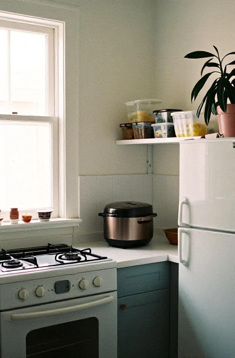 Dapur bersama dengan kompor dua tungku, rice cooker, dan kulkas