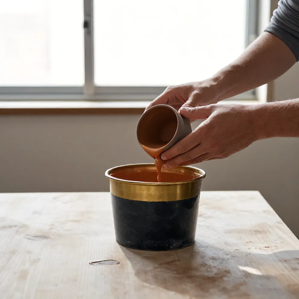 A cup being dipped into ochre glaze in the Porto studio