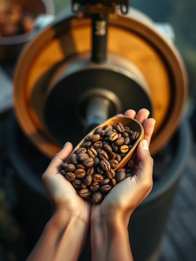 Biji kopi yang baru disangrai dalam sendok kayu