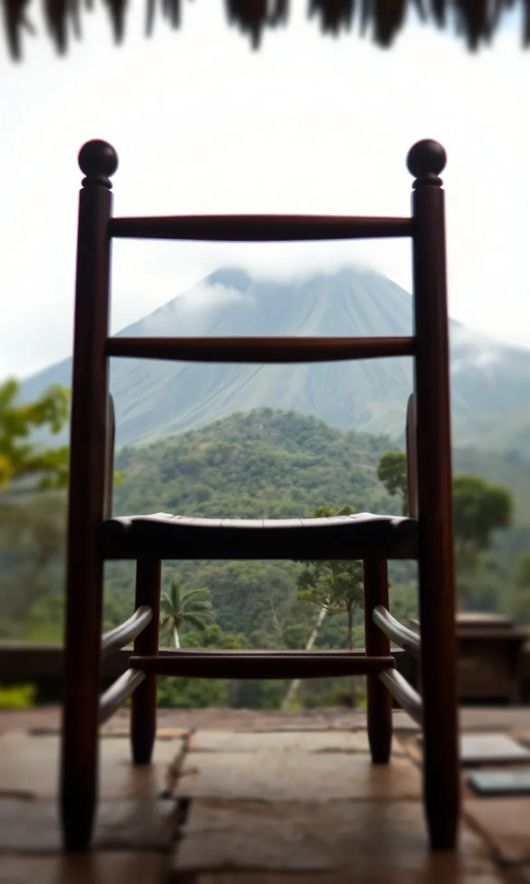 Kursi kayu kosong di teras menghadap Merapi