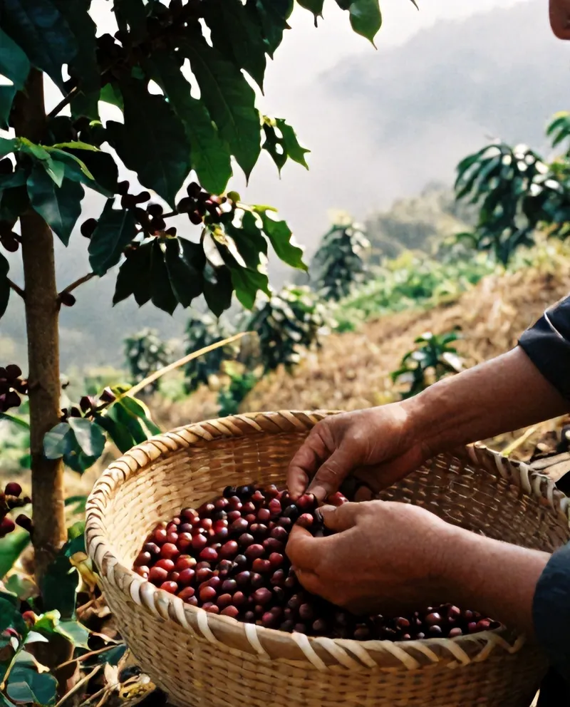 Tangan petani Turgo memetik buah kopi merah ke dalam keranjang anyaman