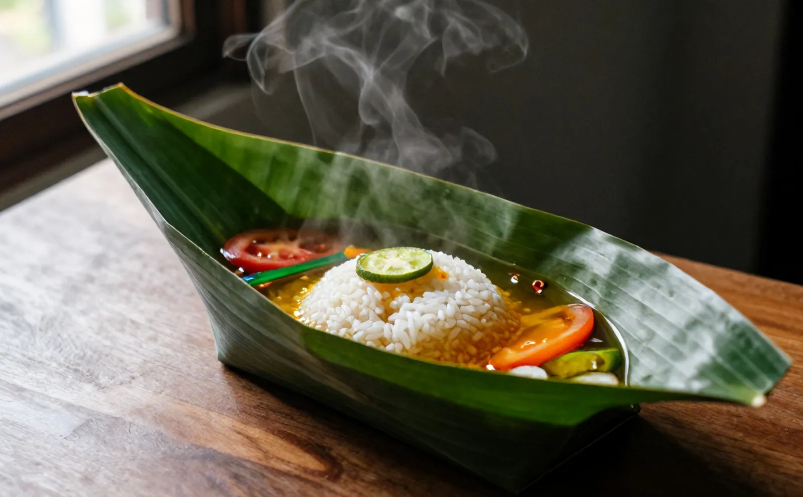 Garang asem dalam daun pisang yang masih mengepul, kuah dengan belimbing wuluh dan cabai hijau