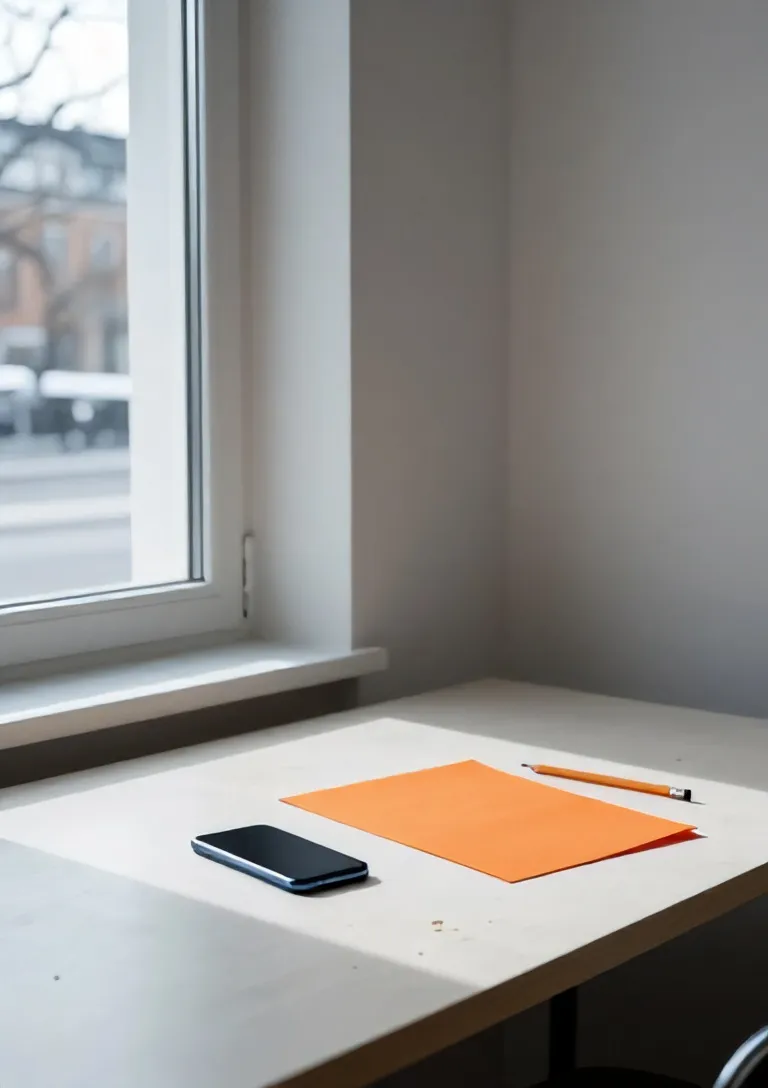 Mara’s Södermalm studio: a birch desk in low winter light by a tall window