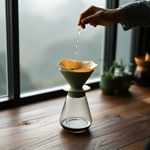 Tangan menuang air panas ke V60